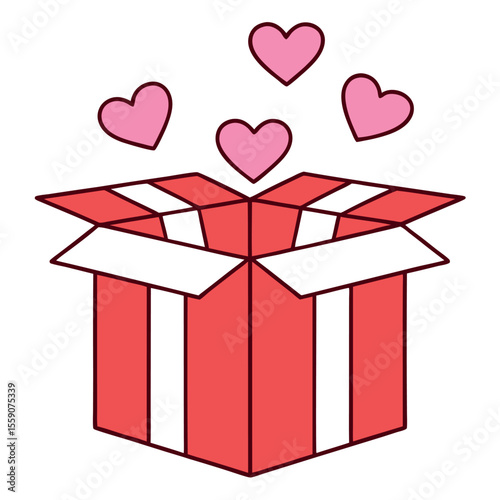 Open red gift box with pink hearts floating out isolated on white background