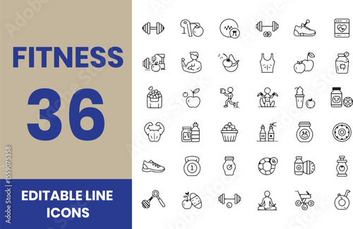 Outline icons about fitness. Healthcare. Contains such icons as gym, training, sports, running, diet, body building, yoga and equipment.
