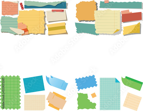 Vector art of torn paper notes isolated on transparent background, a colorful collection of scrap pieces