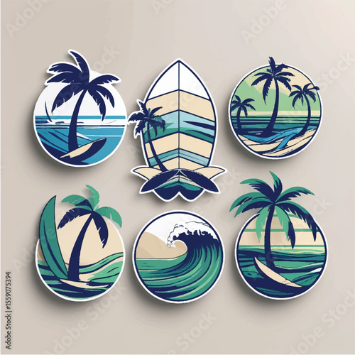 Vector surf theme line art badge designs. For t-shirt prints, posters, stickers and other uses 