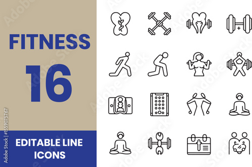 Outline icons about fitness. Healthcare. Contains such icons as gym, training, sports, running, diet, body building, yoga and equipment.