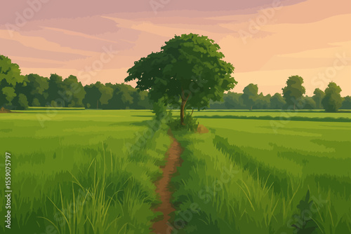 The image depicts a scenic rural landscape with a narrow dirt path leading through lush green rice fields. A single large tree stands along the path, casting shade as the evening light bathes the land