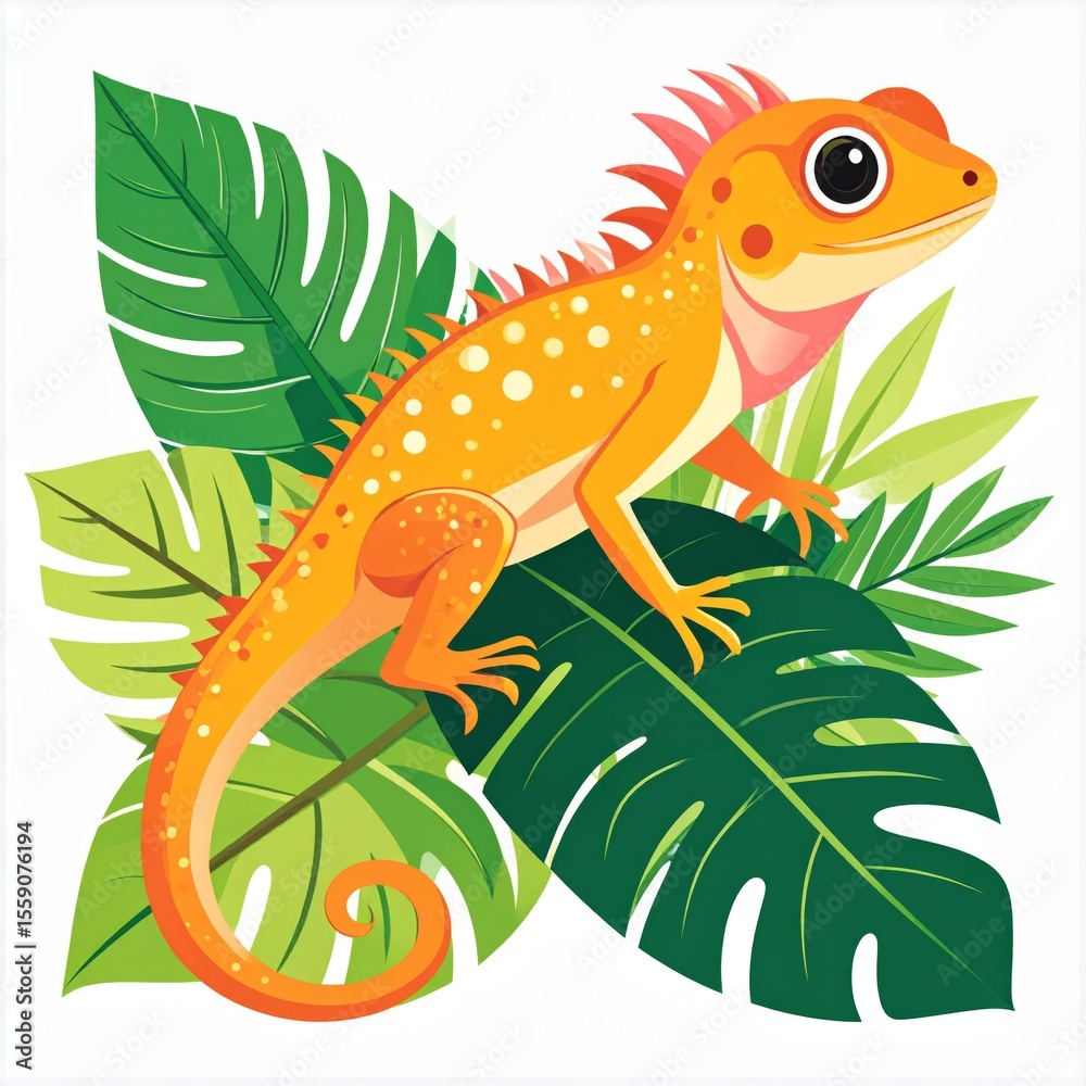 Fototapeta premium Orange Lizard Among Lush Green Tropical Leaves