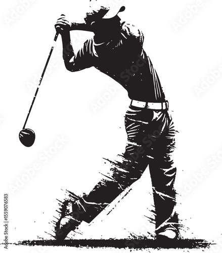  Dynamic graphic of a golfer's powerful swing in striking black and white, capturing elegance, motion, and energy, portrayed in a contemporary illustration technique for a dramatic