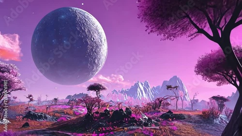 Surreal Pink Alien Planet Landscape with Huge Moon