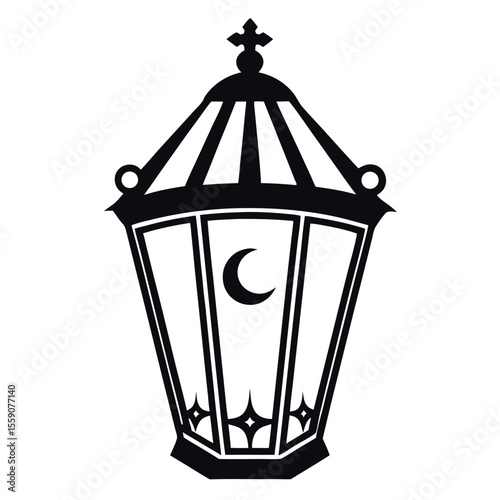 Black silhouette of a decorative lantern with a crescent moon inside isolated on white background