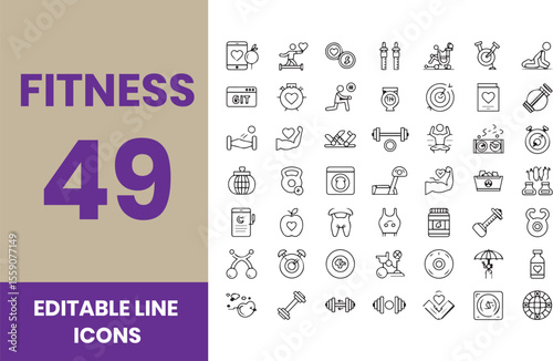 Outline icons about fitness. Healthcare. Contains such icons as gym, training, sports, running, diet, body building, yoga and equipment.