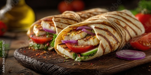 Delicious Grilled Chicken Wraps with Fresh Vegetables on a Rustic Wooden Board