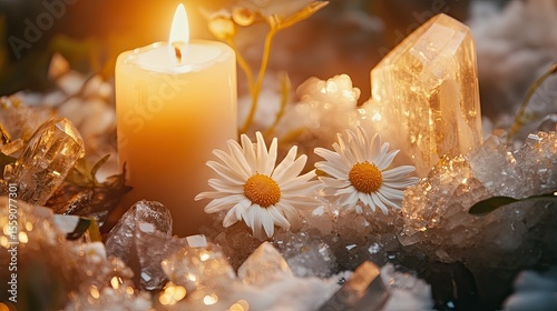 Close-up of chamomile flowers surrounded by smooth crystals and candlelight in tones of earth brown sage and ivory