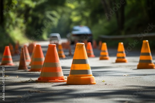 Bright orange traffic cones marking a designated area on a paved road, ensuring safety and traffic flow