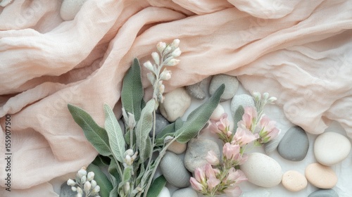 Close-up of clary sage blossoms surrounded by linen cloth and pebbles in tones of pastel peach dusty rose and eucalyptus green