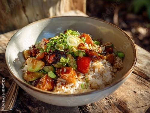 Delicious Bowl of Stir-Fried Chicken with Vegetables and Rice