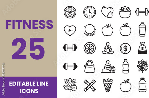 Outline icons about fitness. Healthcare. Contains such icons as gym, training, sports, running, diet, body building, yoga and equipment.
