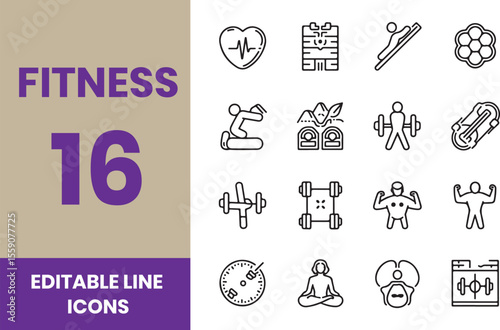 Outline icons about fitness. Healthcare. Contains such icons as gym, training, sports, running, diet, body building, yoga and equipment.