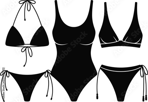 Celebrate National Bikini Day with this icon set silhouette vector of swimsuits elements isolated on white background