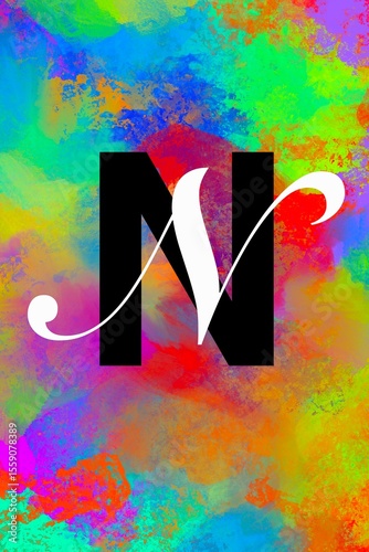 double style typographic drop cap on digitally painted multicolored background, graphic design and lettering, letter N