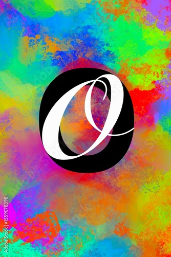 double style typographic drop cap on digitally painted multicolored background, graphic design and lettering, letter O