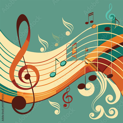 Elegant music background with flowing notes and staff. Vector illustration for a classical concert program.