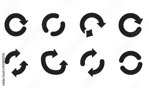 Black and white circular arrow icon set for web and user interface design elements