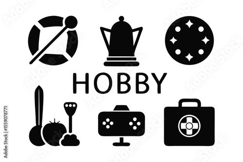 hobby icon set sihouette black vector bundle