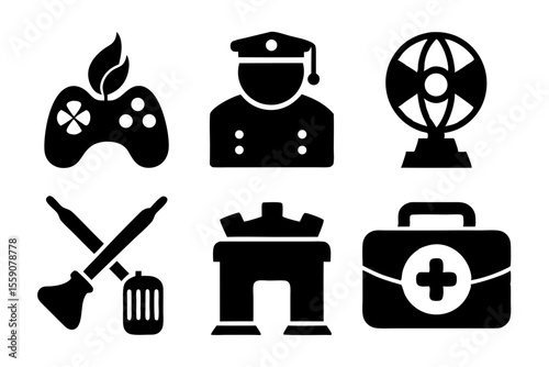 hobby icon set sihouette black vector bundle