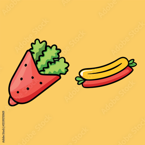 Fast-food stickers. Cartoon junk food snack labels, unhealthy meal with French fries pizza burger sandwich hot dog ice cream food, restaurant menu elements