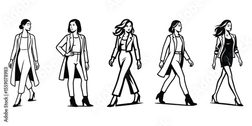 Fashionable woman wearing heels and a long coat in multiple poses with stylish flair