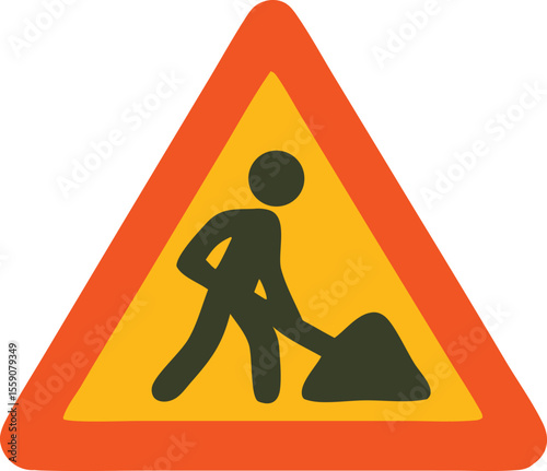 Road work ahead sign illustration symbolizing construction zone and caution on roadways for driver safety and awareness
