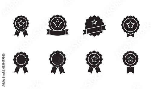 Collection of award ribbon icons with stars demonstrating achievement and success in a simple flat design icon set.