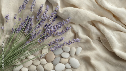 Close-up of lavender sprigs surrounded by linen cloth and pebbles in tones of olive green wheat and stone white