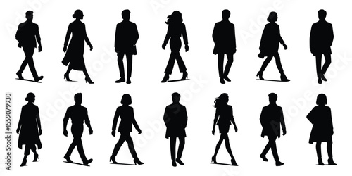 Male and female silhouettes in motion wearing contemporary fashion walking forward