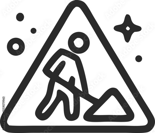 Under construction icon vector illustration featuring a person digging inside a warning sign with a star and circles around it, dark gray.