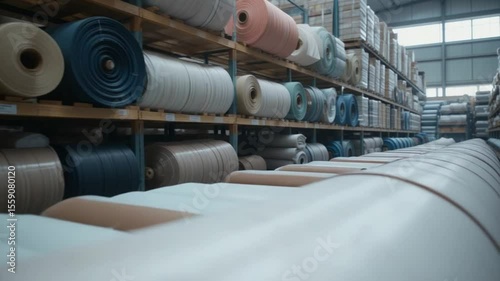 Warehouse full of rolls of plastic sheets on shelves in an industrial storage space