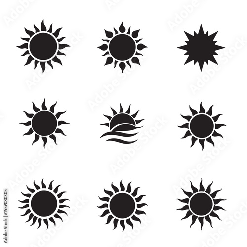 Collection of sun icons in various styles for design and summer concepts
