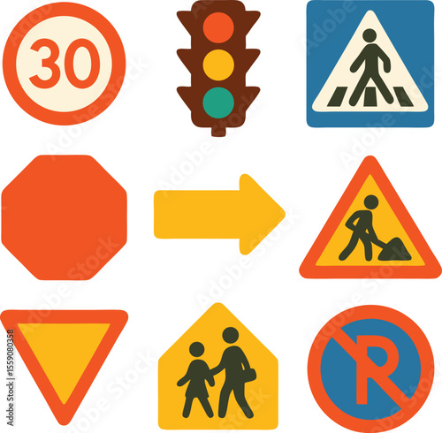 Collection of diverse traffic signs representing various road safety regulations and warnings for drivers and pedestrians