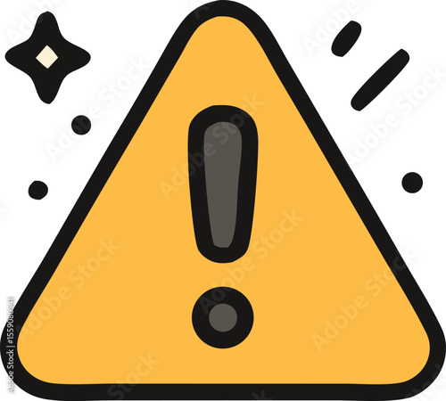 Vector graphic of a yellow triangular warning sign with an exclamation point, surrounded by sparkles and dots, conveying caution