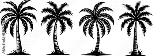 Bold black silhouette of four curved palm trees with fan-shaped fronds, evenly spaced for summer, tropical, beach, and minimalist-themed illustrations


