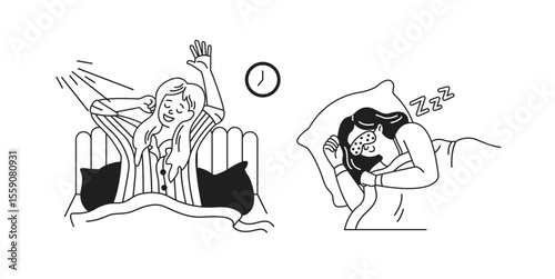 Black and white illustration of a woman stretching joyfully in bed while another sleeps peacefully with an eye mask. Simple bedroom scene portraying different sleep phases.