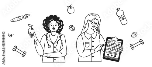 Two nutritionists are planning a healthy lifestyle with a cheerful demeanor. One holds an apple, the other points to a diet plan. Background is filled with fruits and fitness items.