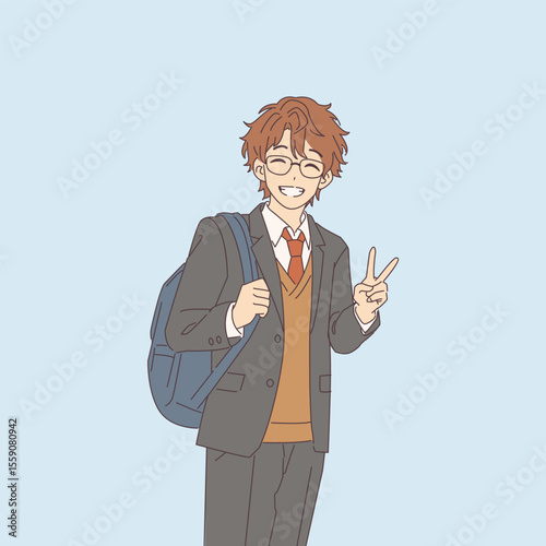 Anime student smiling cheerfully with glasses and backpack. Flashing a peace sign on light blue background. Perfect for showcasing youthful energy and style.