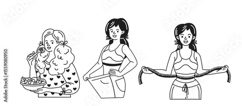 Black and white illustration of three women. One enjoys a salad. Another shows oversized pants. The third holds measuring tape. Represents weight loss and fitness.