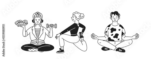 Three cartoon characters engage in various fitness activities. The first character balances food and a dumbbell. The second performs a stretching exercise. The third meditatively sits crosslegged.