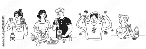 Black and white line art of people engaged in healthy habits. From taking supplements to blending fruits. Highlighting importance of strength and hydration in daily life.
