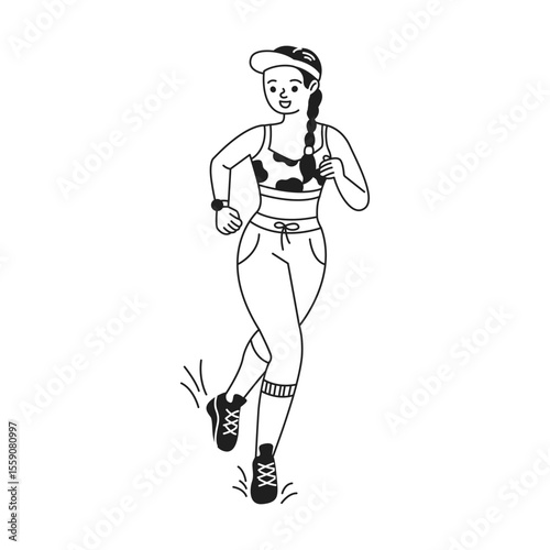 Happy woman jogging in casual sportswear. She wears a cap and a smile. The simple black and white style highlights her active lifestyle. Perfect for fitness themes.