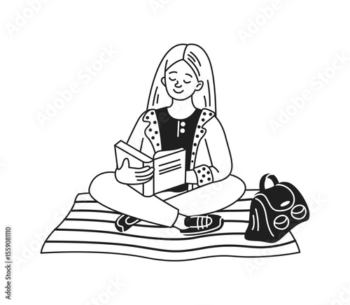 Illustration of a girl reading peacefully on a striped blanket. She appears content and focused. A backpack sits nearby. Black and white line art style.