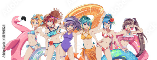 A group of anime girls in colorful bikinis and swim accessories. They stand joyfully with inflatable beach floaties. Vibrant colors and playful expressions create a lively vibe.