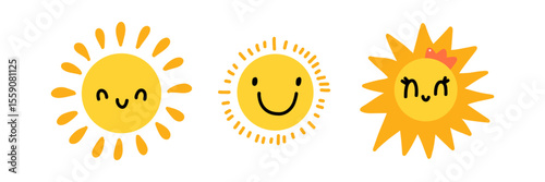 Cute cartoon sun characters set. Three smiling suns with different styles - playful, cheerful, and girly with a crown. Bright and happy summer illustration for kids, stickers, or nursery decor.