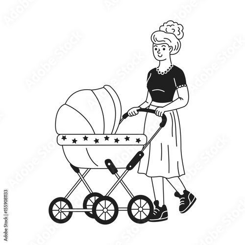 Vintage illustration of a woman pushing a baby stroller with cheerful expression. Black and white line art captures nostalgic feel. Ideal for family themes.
