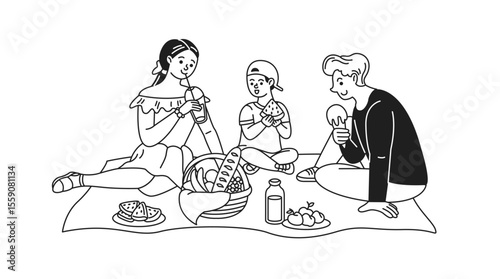 Family having a picnic with cheerful mood. They are enjoying food and drinks together on a blanket. Monochrome line art style highlights simplicity.