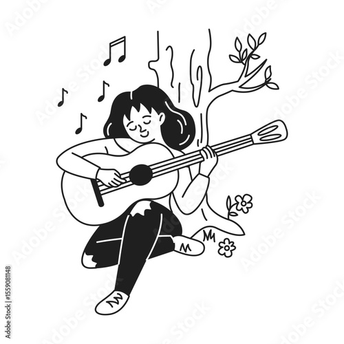 Cartoon woman playing guitar with peaceful expression under tree. Music notes float around her. Black and white drawing with simple lines and serene mood.